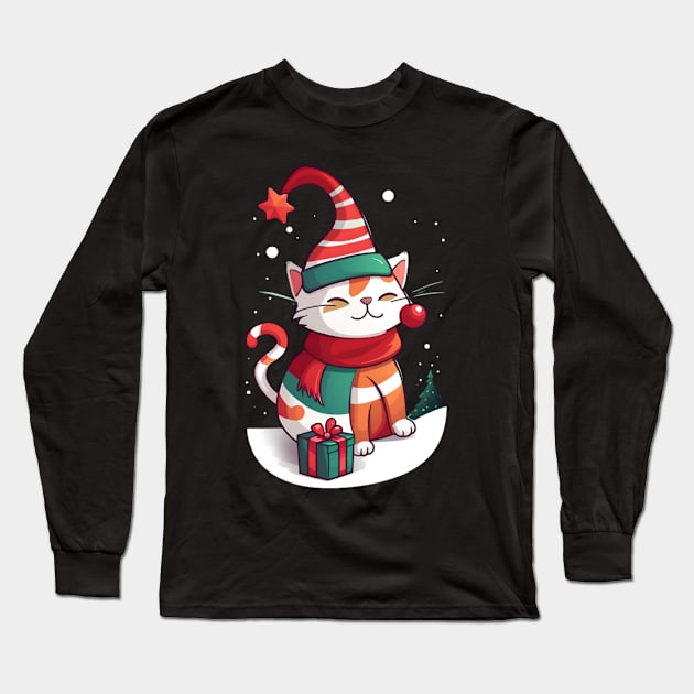 Christmas Cat Long Sleeve T-Shirt by Vakian
